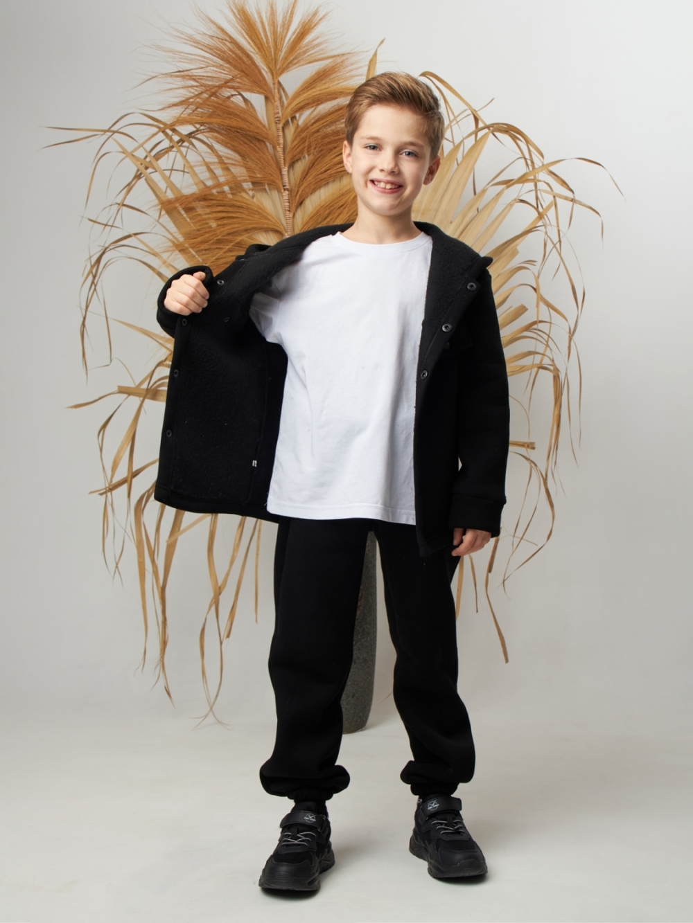 333. Костюм детский (Брюки+Толстовка) на кнопках, черный, хлопок 65%, 35% ПЭ, 3-х нитка с  начесом 98,104,110,116